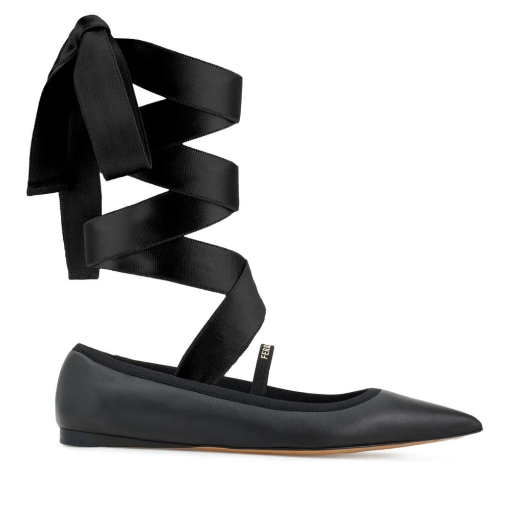❤️NWT FERRAGAMO CARICE SATIN TRIMMED LEATHER BALLET FLATS IN BLACK SIZE 9 1/2